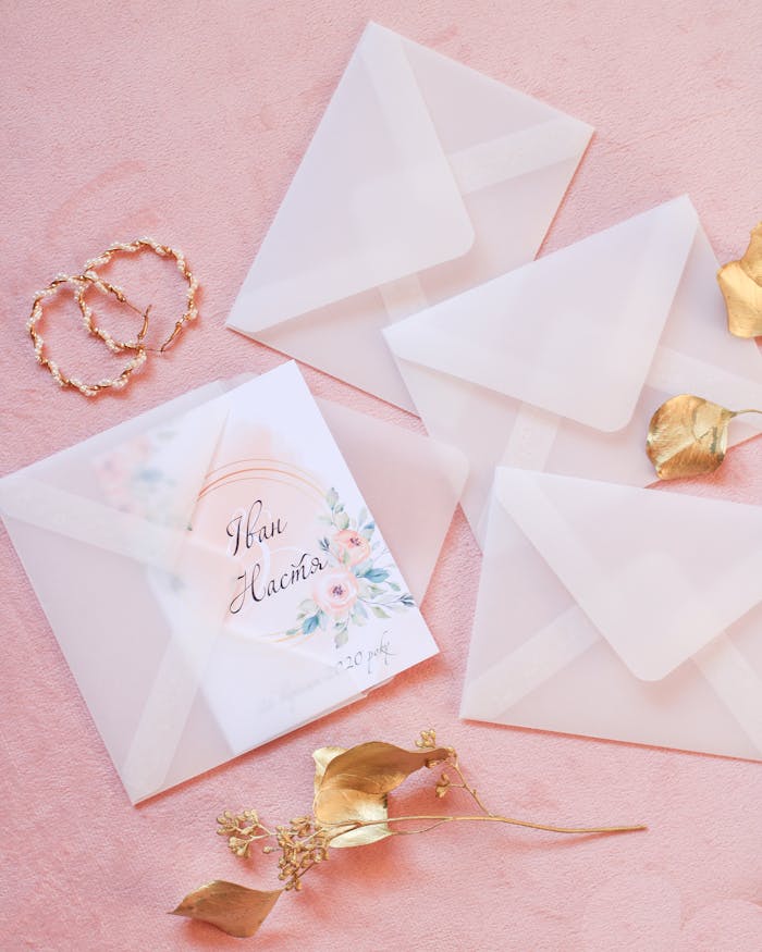 A minimalist wedding invitation with floral elements on a pink background, featuring elegant envelopes.