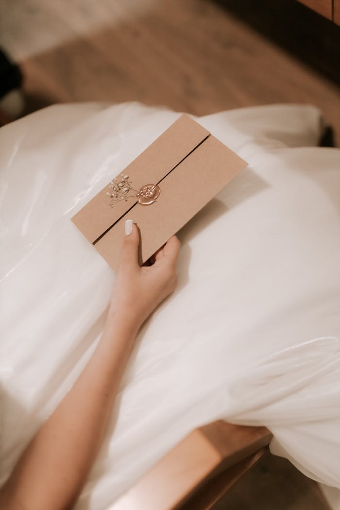 Bride holding a beautifully crafted rustic wedding invitation on her wedding day.