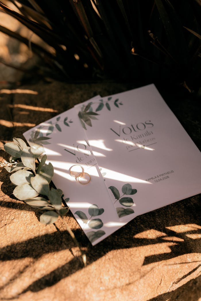 Stylish wedding invitations featuring eucalyptus leaves and rings, captured in warm natural light.